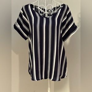 Navy White Stripe Blouse Short Sleeve Shirt Top S